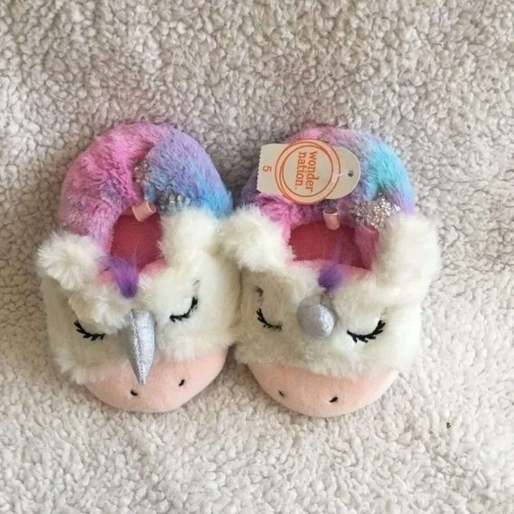 Wonder Nation Unicorn Slippers Toddler Girls Size 3‎ Pink NWT Faux Fur Glitter
